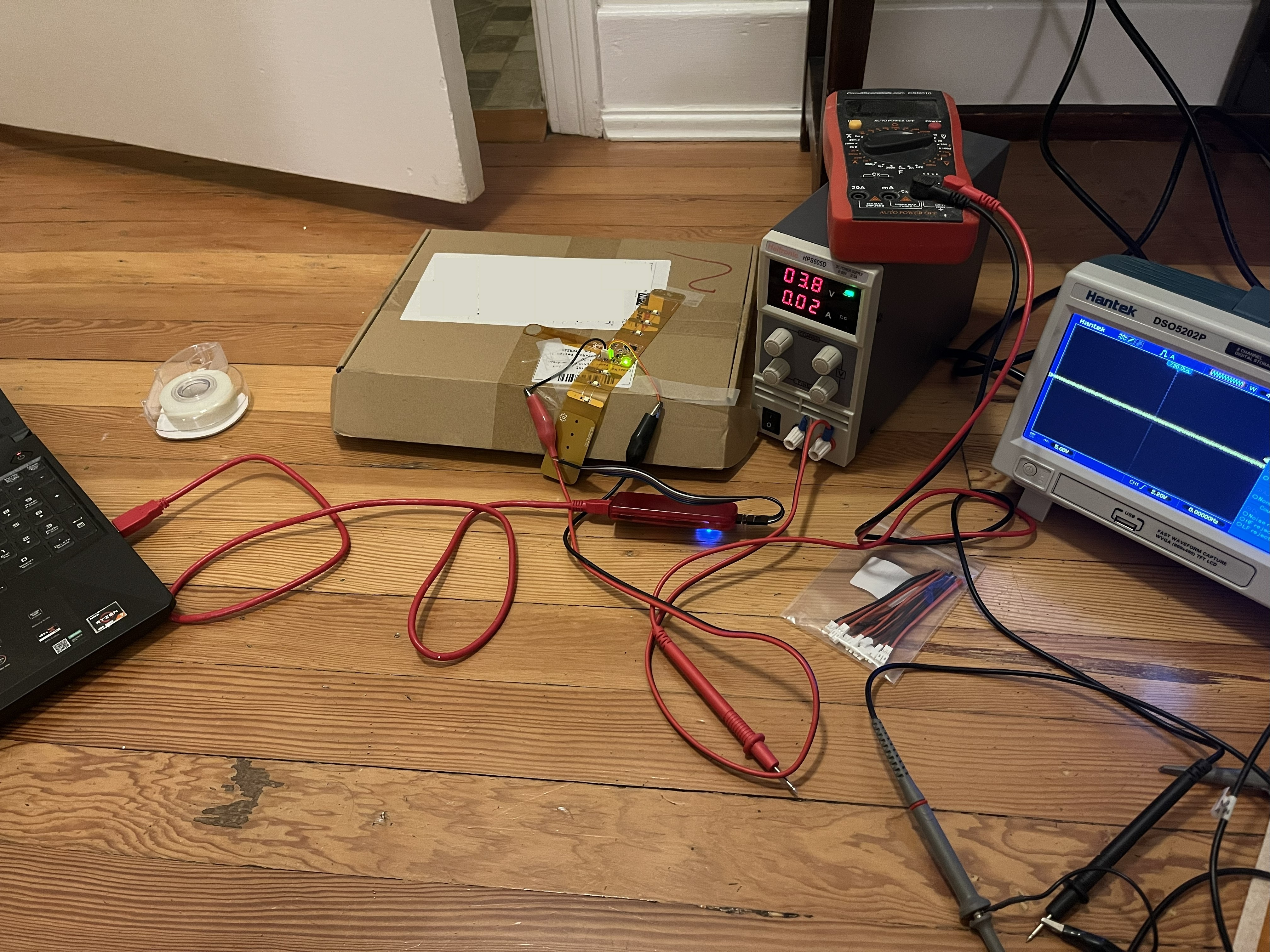 My initial debugging setup. Desk space always comes at a premium.